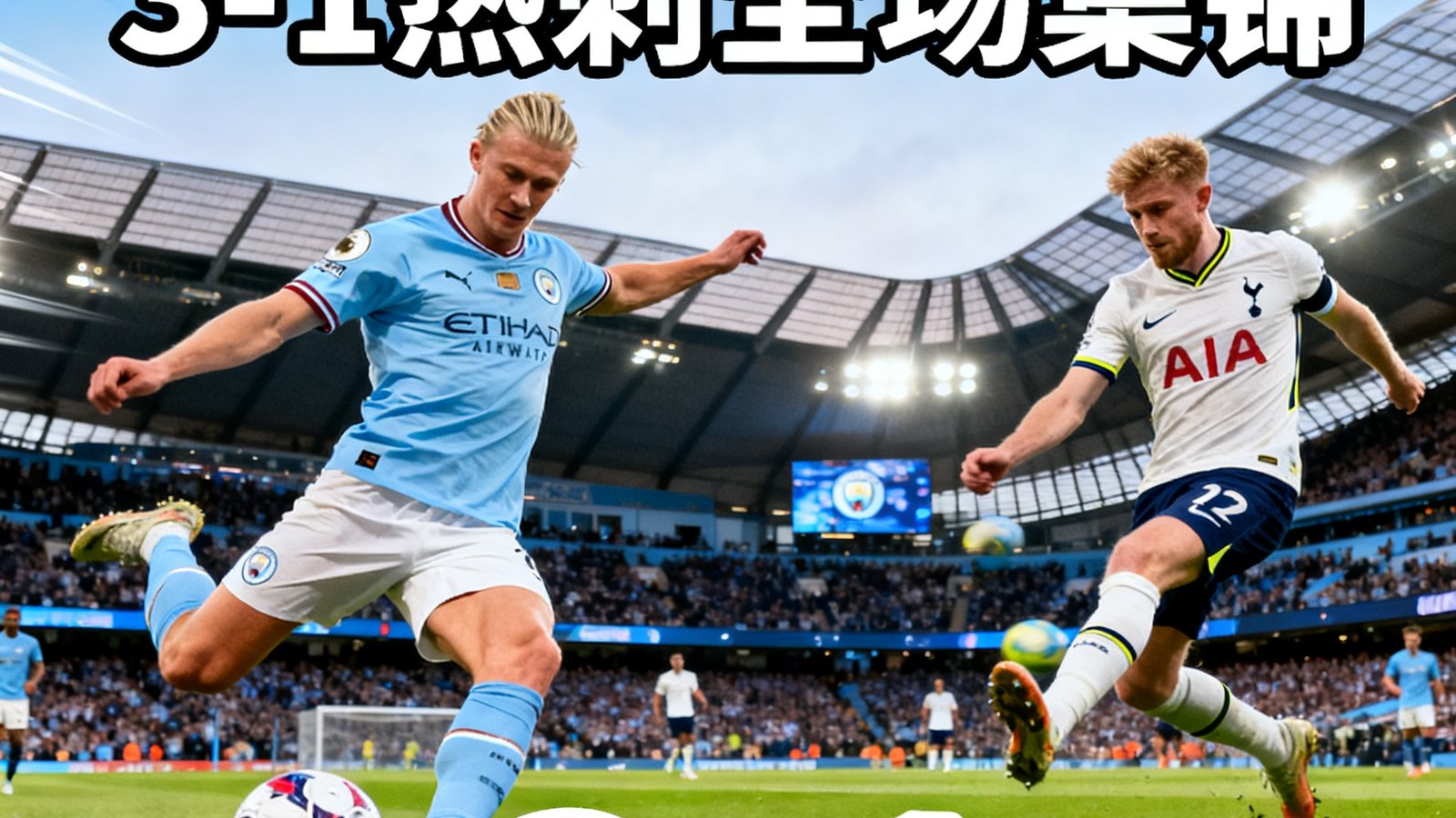 英超第34轮曼城对阵热刺的全场集锦封面，包含哈兰德、德布劳内等球员及比分3-1